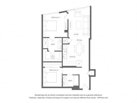 Floor plan for 1 bed, 2 baths, 941 sqft